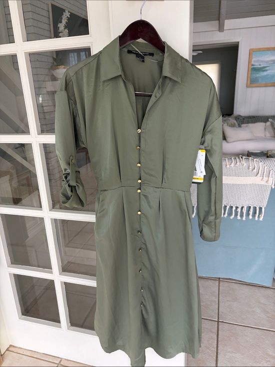 French Connection Dresses & Skirts - French Connection Olive Midi Shirt Dress with Button Front